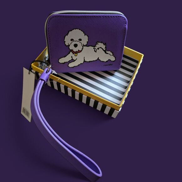Bichon Frise White Puppy Dog Purple Wristlet Zip Around Wallet Marc Tetro NIB - Picture 2 of 12